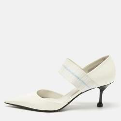 Prada White/Brown Patent Leather Block Heel Slingback Pumps