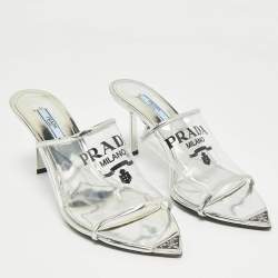 Pre Owned Prada Transparent PVC Logo Print Slide Sandals Size 39