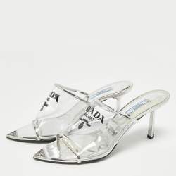 Pre Owned Prada Transparent PVC Logo Print Slide Sandals Size 39