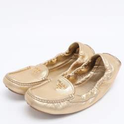 Pre Owned Prada Gold Leather Scrunch Slip On Loafers Size 39
