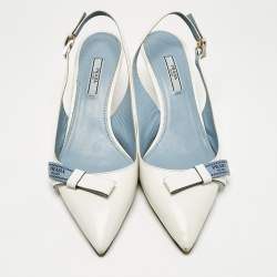 Pre Owned Prada White Leather Bow Pointed Toe Slingback Pumps Size 40