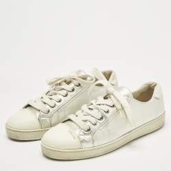 Pre Owned Prada Silver/White  Leather and Rubber Cap Toe Lace Up Sneakers Size 37.5