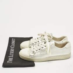 Pre Owned Prada Silver/White  Leather and Rubber Cap Toe Lace Up Sneakers Size 37.5