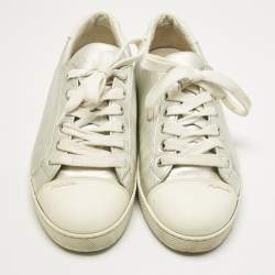 Pre Owned Prada Silver/White  Leather and Rubber Cap Toe Lace Up Sneakers Size 37.5