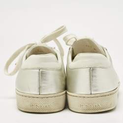 Pre Owned Prada Silver/White  Leather and Rubber Cap Toe Lace Up Sneakers Size 37.5