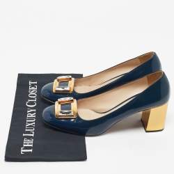 Pre Owned Prada Navy Blue Patent Leather Buckle Block Heel Pumps Size 39.5