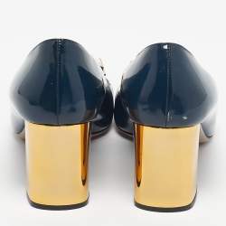 Pre Owned Prada Navy Blue Patent Leather Buckle Block Heel Pumps Size 39.5