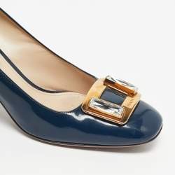 Pre Owned Prada Navy Blue Patent Leather Buckle Block Heel Pumps Size 39.5