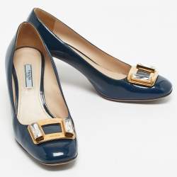 Pre Owned Prada Navy Blue Patent Leather Buckle Block Heel Pumps Size 39.5