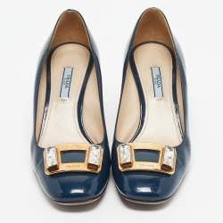 Pre Owned Prada Navy Blue Patent Leather Buckle Block Heel Pumps Size 39.5