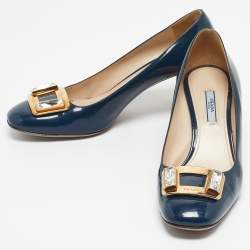 Pre Owned Prada Navy Blue Patent Leather Buckle Block Heel Pumps Size 39.5
