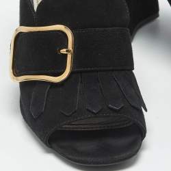 Pre Owned Prada Black Suede Buckle Fringe Block Heel Mules Size 37.5