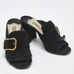 Pre Owned Prada Black Suede Buckle Fringe Block Heel Mules Size 37.5