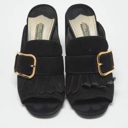 Pre Owned Prada Black Suede Buckle Fringe Block Heel Mules Size 37.5