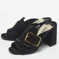 Pre Owned Prada Black Suede Buckle Fringe Block Heel Mules Size 37.5