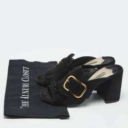 Pre Owned Prada Black Suede Buckle Fringe Block Heel Mules Size 37.5