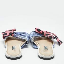Pre Owned Prada Blue/Pink Fabric Stripe Printed And Polka Dot Bow Detail Slide Sandals Size 41
