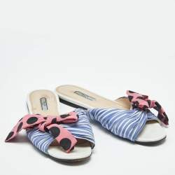 Pre Owned Prada Blue/Pink Fabric Stripe Printed And Polka Dot Bow Detail Slide Sandals Size 41