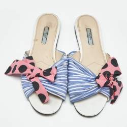 Pre Owned Prada Blue/Pink Fabric Stripe Printed And Polka Dot Bow Detail Slide Sandals Size 41