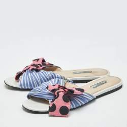 Pre Owned Prada Blue/Pink Fabric Stripe Printed And Polka Dot Bow Detail Slide Sandals Size 41