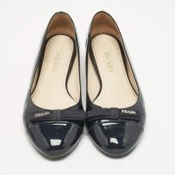 Pre Owned Prada Navy Blue Patent Leather Bow Ballet Flats Size 40