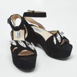 Pre Owned Prada Black Suede Crystal Embellished Platform Sandals Size 39