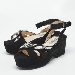 Pre Owned Prada Black Suede Crystal Embellished Platform Sandals Size 39