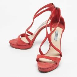 Pre Owned Prada Coral Orange Suede Strappy Sandals Size 38