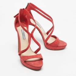 Pre Owned Prada Coral Orange Suede Strappy Sandals Size 38