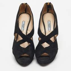 Pre Owned Prada Black Suede Cross Strap Platform Sandals Size 41