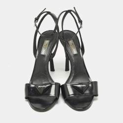 Pre Owned Prada Black Patent Leather Logo Ankle Strap Sandals Size 40