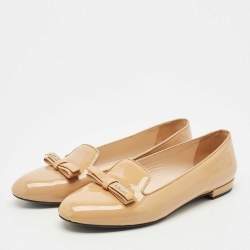Pre Owned Prada Beige Patent Leather Bow Ballet Flat Size 38