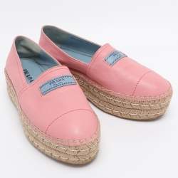 Pre Owned Prada Pink Leather Platform Espadrille Flats Size 39
