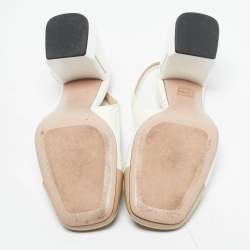 Pre Owned Prada White/Beige Patent Leather Block Heel Slingback Pumps Size 39.5