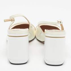 Pre Owned Prada White/Beige Patent Leather Block Heel Slingback Pumps Size 39.5