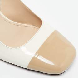Pre Owned Prada White/Beige Patent Leather Block Heel Slingback Pumps Size 39.5
