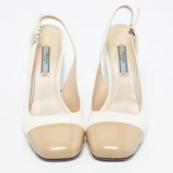 Pre Owned Prada White/Beige Patent Leather Block Heel Slingback Pumps Size 39.5