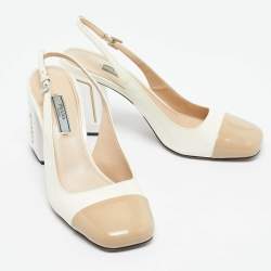 Pre Owned Prada White/Beige Patent Leather Block Heel Slingback Pumps Size 39.5