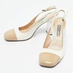 Pre Owned Prada White/Beige Patent Leather Block Heel Slingback Pumps Size 39.5