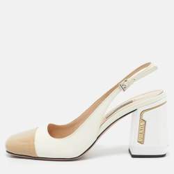 Pre Owned Prada White/Beige Patent Leather Block Heel Slingback Pumps Size 39.5