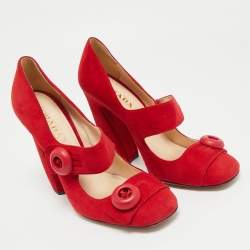 Pre Owned Prada Red Suede Mary Jane Button Pumps Size 39.5