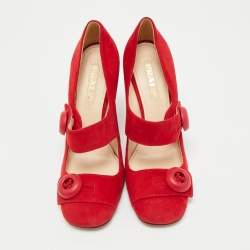 Pre Owned Prada Red Suede Mary Jane Button Pumps Size 39.5