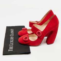 Pre Owned Prada Red Suede Mary Jane Button Pumps Size 39.5