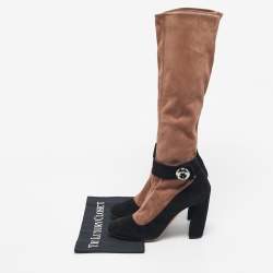 Pre Owned Prada Black/Beige Suede Knee Length Block Heel Boots Size 39.5