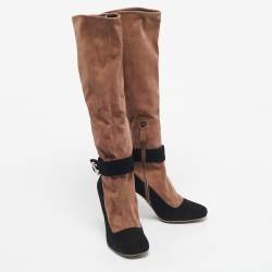 Pre Owned Prada Black/Beige Suede Knee Length Block Heel Boots Size 39.5