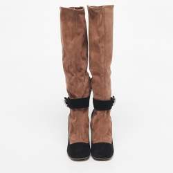 Pre Owned Prada Black/Beige Suede Knee Length Block Heel Boots Size 39.5
