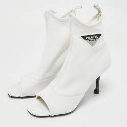 مملوكة مسبقًا Prada White Stretch Fabric Open Toe Ankle Length Boots Size 39