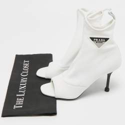 مملوكة مسبقًا Prada White Stretch Fabric Open Toe Ankle Length Boots Size 39
