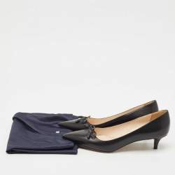 Pre Owned Prada Black Leather Bow Pointed Toe Kitten Heel Pumps Size 38.5