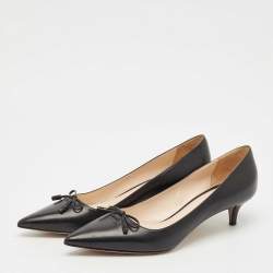 Pre Owned Prada Black Leather Bow Pointed Toe Kitten Heel Pumps Size 38.5